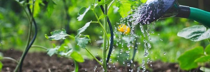 Tomatenpflanze wird mit Gießkanne gegossen